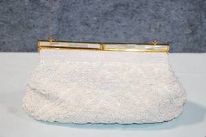 lot 340 image: Elegant White Beaded Evening Clutch with Gold Accents