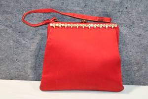 lot 342 image: Vintage Red Satin Evening Clutch Bag with Gem Embellishments