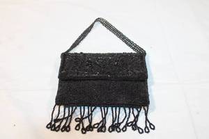 lot 346 image: Vintage Black Beaded Evening Bag with Fringed Detail