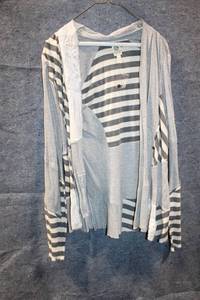 lot 358 image: Striped Gray and White Cardigan with Embroidered Detail, Size XL