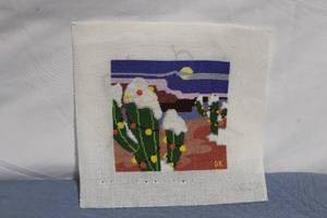 lot 435 image: Handcrafted Needlepoint Art Featuring Desert Scene with Cacti