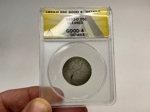 1853-O ANACS Seated Liberty Silver Quarter w Arrows & Rays