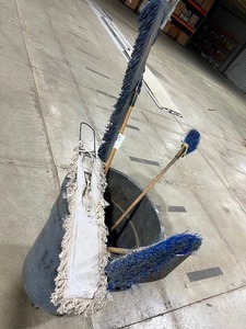 ROLLING GARBAGE CAN & BROOMS