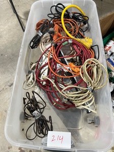TABLE FULL OF EXTENSION CORDS, POWER STRIP, MECHANICS LIGHTS