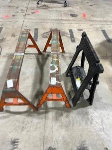 2 METAL INDUSTRIAL SAW HORSES & 1 PLASTIC FOLD UP SAW HORSE