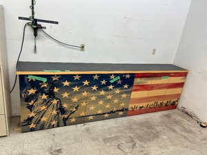3) 2 DOOR CABINETS 2-36X18 , 1-48X18 W 121 X18 LAMINATE COUNTER TOP W CUSTOM PRINTS