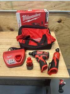 lot 9 image: MILWAUKEE 2401-21R M12 12-Volt Lithium-Ion Cordless 38 in. Ratchet and Screwdriver Combo Kit (2-Tool) with Battery, Charger, Tool Bag - B145
