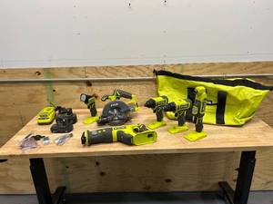 lot 54 image: RYOBI PCL1600K2 ONE 18V Cordless 6-Tool Combo Kit with 1.5 Ah Battery, 4.0 Ah Battery, and Charger - C299