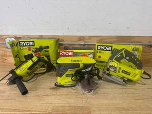 lot 98 image: RYOBI Lot of Corded Tools - D620H Drill, CFS1503GK Sander, and JS481LG Jigsaw - C217