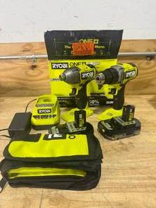 lot 141 image: RYOBI PBLCK01K ONE HP 18V Brushless Cordless 12 in. DrillDriver and Impact Driver Kit w(2) 2.0 Ah Batteries, Charger, and Bag - B149