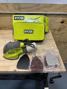 lot 106 image: RYOBI CFS1503GK 1.2 Amp Corded 5.5 in. Corner Cat Sander with Dust Bag, Sample Sandpaper, and Storage Case - C59