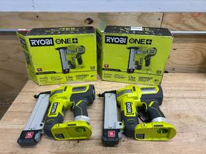 lot 108 image: RYOBI Lot of 2- P361 ONE 18V 18-Gauge Cordless AirStrike Narrow Crown Staplers (Tool Only) - C338