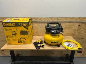 lot 116 image: DEWALT DWFP1KIT 6 Gal. 18-Gauge Brad Nailer and Heavy-Duty Pancake Electric Air Compressor Combo Kit - C229