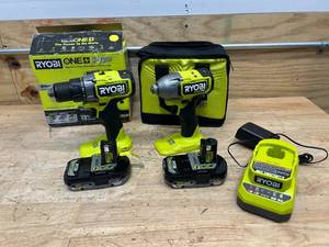 lot 123 image: RYOBI PBLCK01K ONE HP 18V Brushless Cordless 12 in. DrillDriver and Impact Driver Kit w(2) 2.0 Ah Batteries, Charger, and Bag - B149
