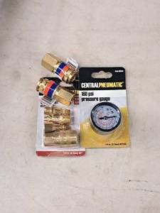 lot 72 image: Central Pneumatic Assorted Air Hose Fittings and Pressure Gauge (New)