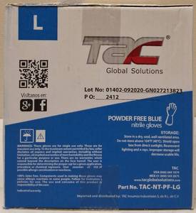 lot 15 image: GLOBAL SOLUTIONS  TAC BRAND- POWDER Free Blue Gloves (10 Boxes) SIZE L