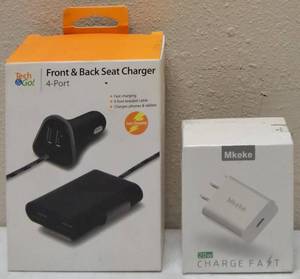 lot 21 image: (1) Front & Back Seat Car Charger - 4 - Port (1) Mkeke Charge Fast - USB -C 20W Fast Charger