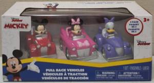 lot 25 image: Disney Junior Mickey Pull Back Vehicles 3 Pack (1) Mickey Mouse (1) Minnie Mouse (1) Daisy Duck