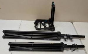 lot 28 image: (1) Speaker Stand - (STAND ONLY  SPEAKER NOT INCLUDED) (1) On - Stage Stands  Speaker Stand - (STAND ONLY  SPEAKER NOT INCLUDED) (1) Light Duty Utility Cart - with Straps & Adjustable Back