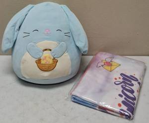 lot 30 image: (1) Squashmallows Blue Bunny - Buttons with Easter Basket (1) Unicorn Kids Bath & Beach Towel - Premium Microfiber
