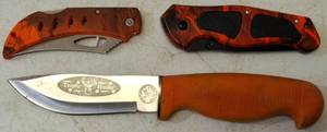 lot 47 image: Hunting Knives - (1) Trophy Hunter Hunting Knife - Orange Handle (1) White Tail Cutlery - Pocket Knife - Camo Orange Handle (1) Frost Cutlery - TAC Assault - Camo Orange Handle (View Photos)