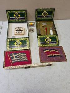 lot 53 image: Vintage & Collectiable Cigar Boxes, Vintage Hamms Costers, Foldable Tape Measure,Sword maintenance cleaning kit
