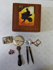 lot 52 image: Vintage items, Pie Crust cutter  Cigar Box, One of a Kind Mother of Pearl Belt Buckel,