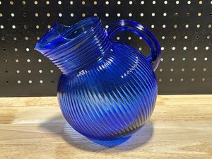 lot 4 image: Vintage Colbalt Blue Ribbed Tilt Ball Pitcher