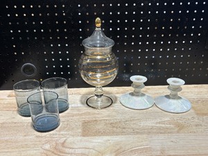 lot 14 image: Vintage Pedestal Jar, Candlesticks and Libbey Dusky Blue Whiskey Glasses