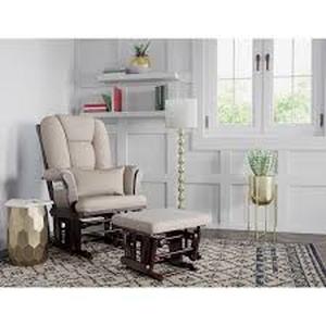 lot 31 image: Storkcraft Tuscany Espresso Glider and Ottoman Set with Taupe Swirl Cushion   Customer Returns See Pictures