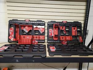 Milwaukee Pack out System with 4 Wall Plates, 1 Roll Holder, 1 Screw driver Rack, 1 Compact wall Basket, 1 Belt Clip Rack, 2 Tool Racks, 1 Long Handle Tool holder, 1 Straight 4 Hook, 1 Wide Hook