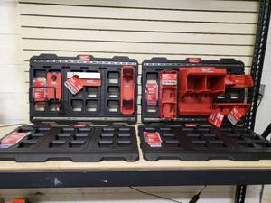 Milwaukee Pack wall mounts. 4 wall mounts, 1 Wide Hook, 1 Belt Clip Rack, 1 Long Tool Holder, 1 Battery Rack, 1 Tool Station, 1 Tool Rack, 1 Screwdriver Rack