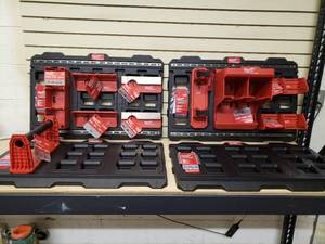 Milwaukee Pack out wall mounting System 4 Wall Mounts, 1 Battery rack, 1 Roll Holder, 2 Screwdriver Rack, 2 Belt Clip Rack, 1 Long Tool Handle Holder, 1 Tool Station, 2 Tool Racks