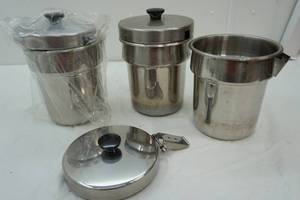 lot 6 image: lot of three steam table soup warmer pans & lids