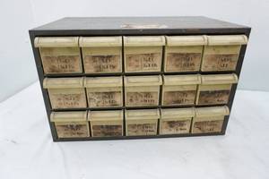 lot 144 image: small hardware organizer bin. plastic and metal. complete