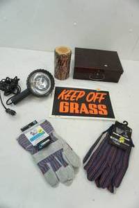lot 182 image: work gloves, spotlight, stacking organizing tin