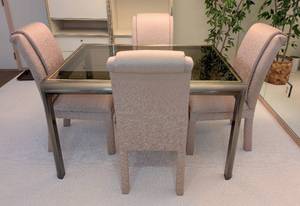 lot 2 image: Design Institute of America Smoked Glass and Brass Dining Table and Gold Side Chairs