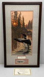 lot 10 image: Framed Behind Glass Pencil Signed Frank Mittlstadt Greet The Day-Loons Limited Edition Print 120950 17 12 x 31