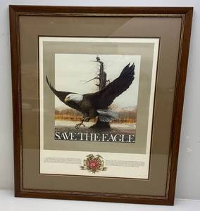 lot 11 image: Vintage Framed Behind Glass R.J.. Mcdonald Save The Eagle Miller Beer Poster 28 12 x 33 12