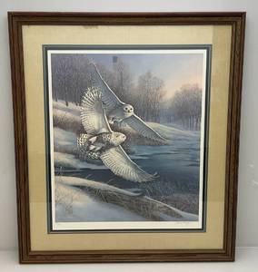 lot 17 image: Framed Behind Glass Pencil Signed James Meger Snowy Courtship- Snowy Owls Limited Edition Print 37750 28 12 x 32