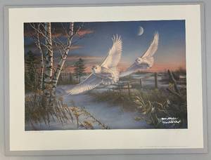 lot 32 image: Unframed James Meger Pencil Signed (ARTIST PROOF) Crecendo- Snow Owls Print 37150 20 14 x 27 12 Overall Paper Size  (In Protective Envelope)