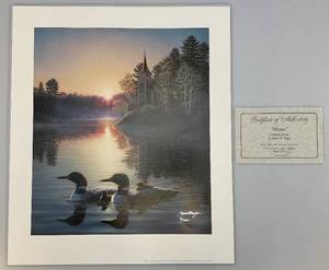 lot 33 image: Unframed James Meger Matins Common Loons  Print  372500  21 12 x 25 Overall Paper Size  With COA (In Protective Envelope)