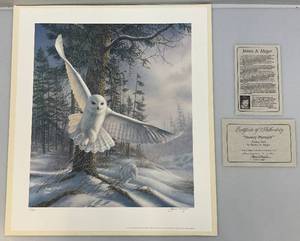 lot 36 image: Unframed James Meger Pencil Signed Snowy Pursuit Snowy Owl 37950  22 34 x 26 14 Overall Paper Size With COA (In Protective Envelope)