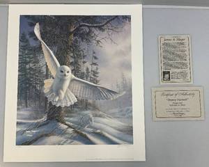 lot 39 image: Unframed James Meger Pencil Signed Snowy Pursuit Snowy Owl 105950  22 34 x 26 14 Overall Paper Size With COA (In Protective Envelope)