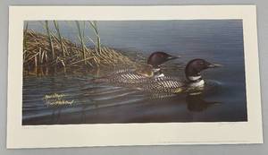 lot 73 image: Unframed James Meger Pencil Signed (ARTISTS PROOF) First Outing Loon Family  37250   14 12 x 26 Overall Paper Size (In Protective Sleeve)