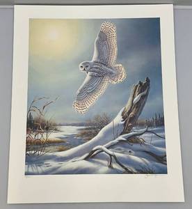 lot 74 image: Unframed James Meger Pencil Signed Snowy Owl And Rabbit Limited Edition Print 37500   23 x 27 12 Overall Paper Size (In Protective Sleeve)