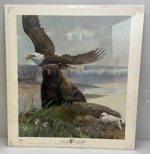 lot 77 image: Unframed Signed (With Pen Art) Mario Fernandez Spirit Of The Summit Bald Eagle & Bear Limited Edition Print 759950 26 x 29 14 Overall Paper Size (Factory Sealed) With Print Story