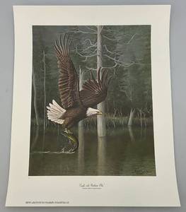 lot 83 image: 1992 Unframed Signed Art Long Eagle With Northern Pike Print 17 x 21 14 Overall Paper Size (In Protective Sleeve)