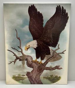 lot 89 image: Vintage 1979 Unframed  Leeham Bald Eagle Print On Canvas 22 x 28