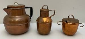 lot 113 image: Vintage Copper Coffee Pot, Cream And Sugar Set